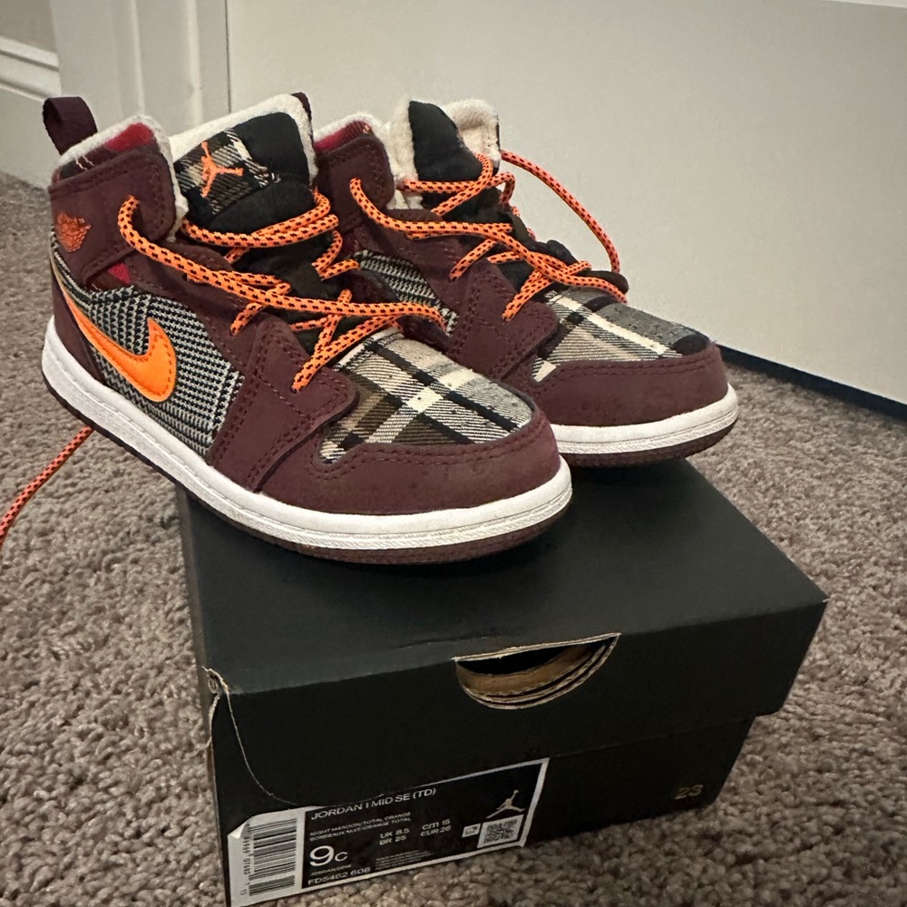 Nike Jordan 1 Mid SE- Kids' Sneakers - Burgundy and Orange Plaid